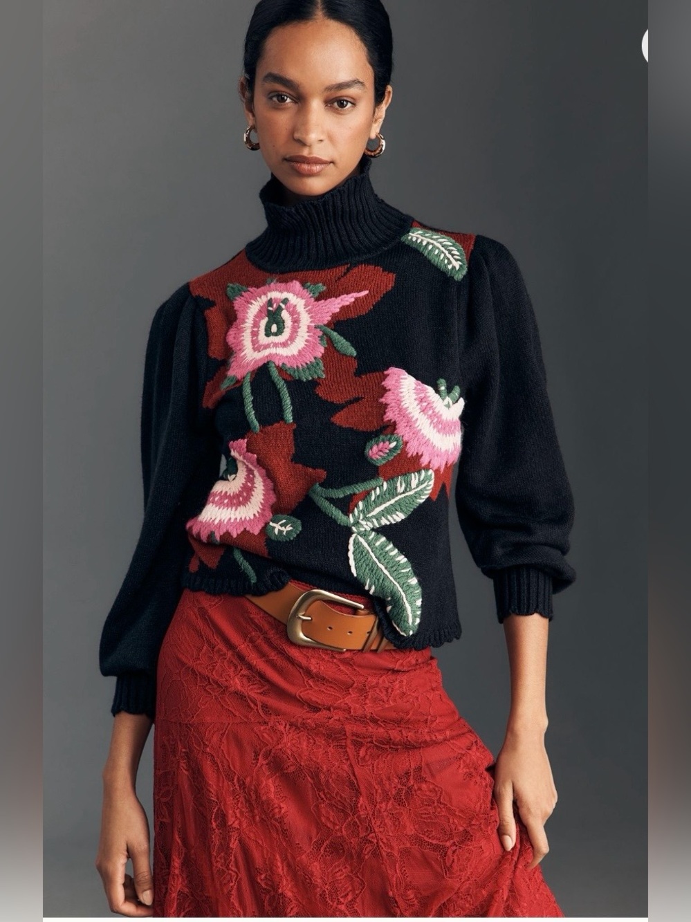 Anthropologie x Farm Rio Mock-Neck Embroidered Pullover Sweater Size Large NWT